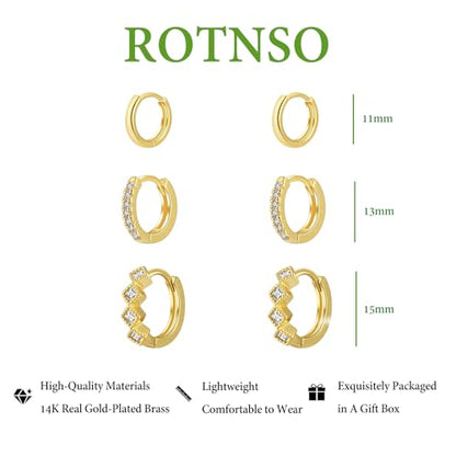 Rotnso Gold Hoop Earrings Set for Women Hypoallergenic Trendy Huggie Stack - style: 3 Pairs Rhombus CZ Hoops-GD