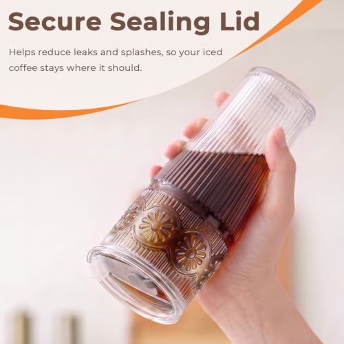 GOSCHE 20 oz Iced Coffee Cups with Lids, Glass Cups with Lids and Straws, Borosilicate Glass Tumbler for Coffee,Tea and Water, 2 Pack, Daisy