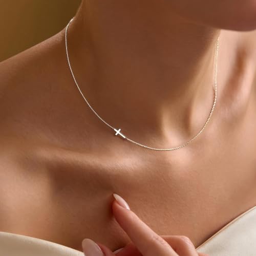 Sideway Dainty Cross Necklace for Women Girls, 14K Gold Plated Waterproof Small Cross Choker Necklace Simple Minimalist Pendant, Trendy Cute Religious Faith Baptism Confirmation Gifts for Girls Jewelry - color: Silver-Sideway Cross-01