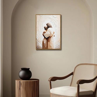 Woman in Jesus Arms Framed Canvas Wall Art 16x24 inch - color: Safety, size: 16"x24" Natural