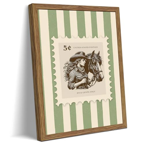 Cowgirl and Horse Wall Art Framed Canvas Print, Vintage Western Stamp Artwork Poster Painting, Rustic Farmhouse Country Wall Decor Picture for Living Room Bedroom Home Decor 16x24 Inch - color: A-Green Stamps, size: 24"L x 16"W