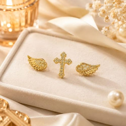Angel Wing Stud Earrings for Women Crystal Cross Screw Back Wings Earrings Piercing Jewelry - color: 3pcs Gold