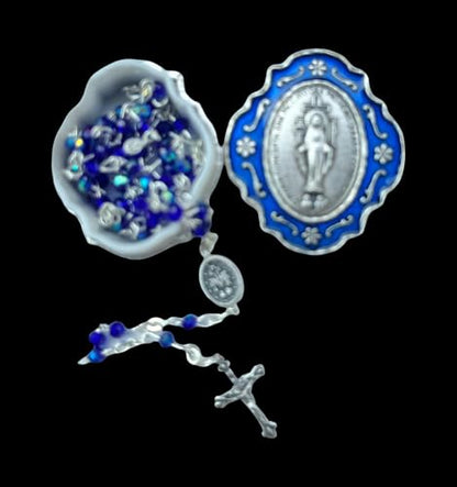 Catholic Silver Linked Rosary Set – 3mm Beads, 14.25" Length, Metal Keepsake Gift Box with Enamel Inlay – Perfect First Communion Gift (Lady of Mira-culous) - color: Lady of Mira-culous