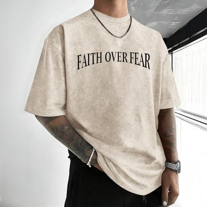 Mens Faith Over Fear Christian Shirts Jesus God Religious Bible Verse Cross Tshirt Oversized Acid Wash Graphic Tees - color: Apricot, size: XX-Large