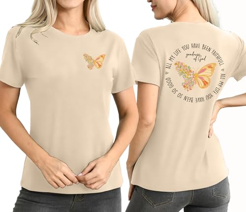 Christian Shirt for Women :Butterfly Graphic Shirts Bible Verse Tshirt Good Ness of God Tee Tops - color: Beige, size: Medium