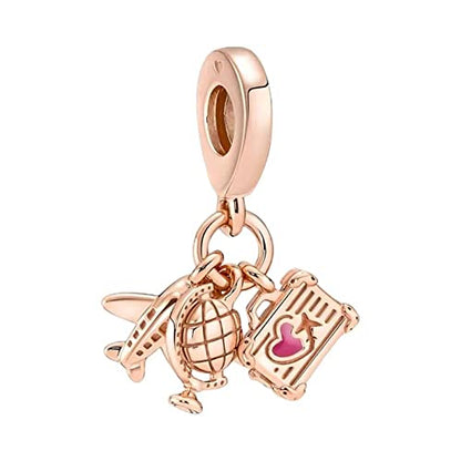Sport Religious Charm 925 Sterling Silver Pendant,Jewelry Beads Gifts for Women Bracelet&Necklace - color: Rose Gold Airplane Globe