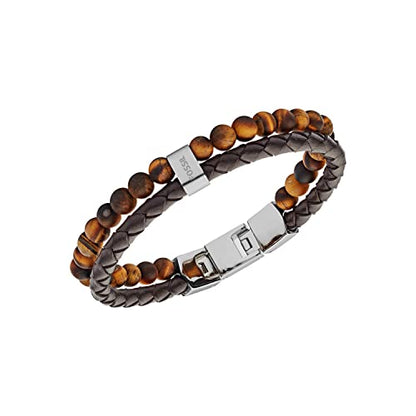 Fossil Men's Beaded Bracelet - color: Tigers Eye/Brown/Leather