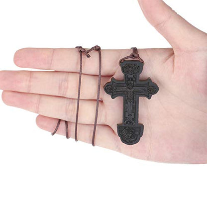 COTTVOTT Wood Orthodox Cross Pendant Necklace Christian Crucifix Necklace Prayer Jesus for Women Men - style: D-Black Color