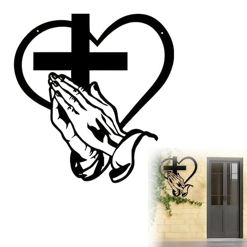 Anqililich bible Iron Christian Metal Cross Wall Decor crossArt - with Sacred Heart & Praying Hands, Farmhouse Religious Wall Sculpture for Living Room, Patio, Office, Home Decor（black 12 in） - color: Black