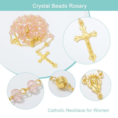 KOMI Crystal Rosary Beads with Jesus Crucifix, Catholic Necklace for Women First Communion Rosarios Wedding Rosary with Velvet Bag - style: 6MM-Pink-2