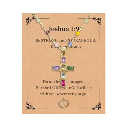 Rainbow Cross Necklace Choker for Women, Colorful Shiny Rhinestones Cubic Zirconia Charm Necklace Dainty Faith Cross Pendant Necklaces Faith Christian Costume Easter Jewelry Gift for Her