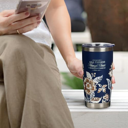 Christian Art Gifts Stainless Steel Scripture Tumbler Travel Mug for Women - color: Navy/Through Christ