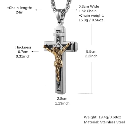 HZMAN Catholic Jesus Christ INRI Cross Crucifix Pendant Necklace for Men - color: Silver & Gold