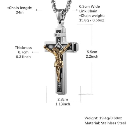 HZMAN Catholic Jesus Christ INRI Cross Crucifix Pendant Necklace for Men - color: Silver & Gold