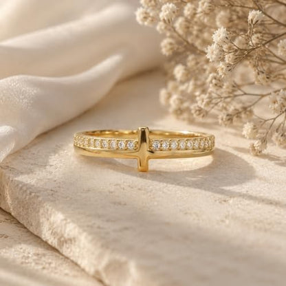 Cross Ring Women 14K Gold Plated Statement Stackable Engagement Christian - color: C - Gold