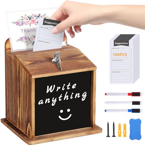 Suggestion Box with Slot and Lock - with 100 Suggestion Cards Ballot, Donation, Comment Drop Box for Church, Office, Wedding - Wall Mount/Countertop