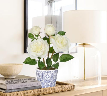 Hollyone White Real Touch Roses Artificial Flowers in Vase Blue and White Porcelain Ceramic Pot 13.4" Fake Roses Flower Arrangement Artificial Plants & Flowers Potted Plant Faux Silk Rose Flower - color: Rose 3 - White (13.4inch)