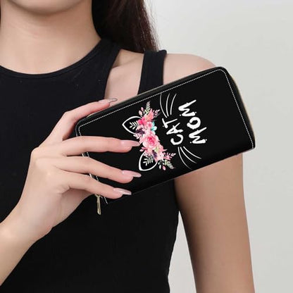 Cat Mom Floral Print Wallet for Women Large Capacity Wallet Credit Card Holder PU Leather Zipper Clutch Purse Phone Wallet - color: Cat Mom Floral