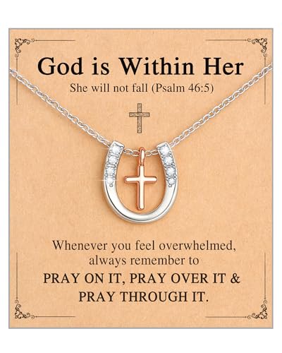 Shonyin Horseshoe Neckalce Horse Stuff with Cross for Teenage Girl Women - style: God is within her