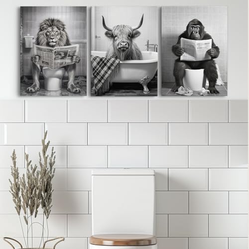 Funny Animal Canvas Wall Art - Black and White Bathroom Decor, Set of 3 Ready to Hang (12''x16'') - color: Bathroom