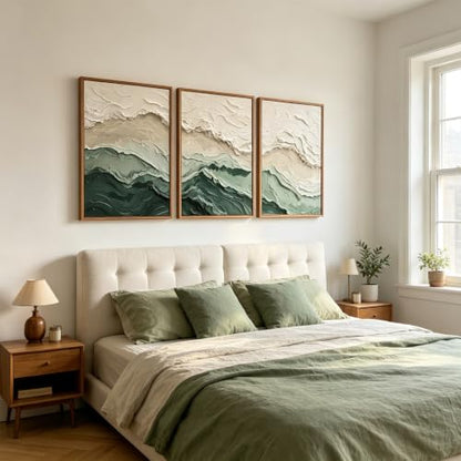 Aurlan 3D Textured Green Abstrcat Ocean Framed Canvas Wall Art 24x36 Inch - color: Green Beige (3D Textured), size: 24"L x 36"W