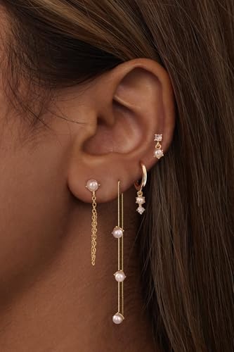 Moodear Gold Earrings for Women, 14K Plated Pearl Earring Stack Jewelry - color: 4pc pearl earrings