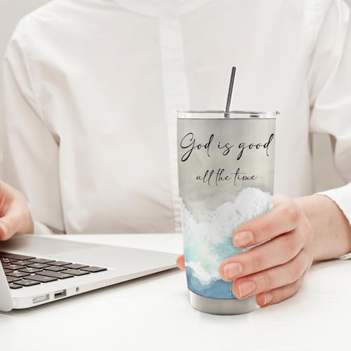 Coastal Beach Christian 20oz Travel Coffee Mug Tumbler, Christian Gifts for Women Men, God Is Good All the Time Bible Verse Stainless Steel Tumbler with Lid and Straw - color: good