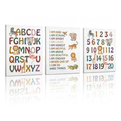 BAEMEFLE Positive Affirmations Framed Wall Art, Alphabet ABC Numbers Poster, Inspirational Quotes Print for Kids Nursery Classroom Playroom Cute Animal Wall Decor (Animal-3pcs, 16" L x 12" W, Framed) - color: Animal-3pcs, size: 16"L x 12"W