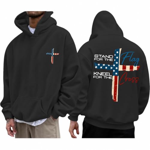 Tuislay Mens Christian Stand for The Flag Kneel for The Cross Hoodies Jesus Faith American Flag Sweatshirts Religious Sweater - color: Black, size: Medium