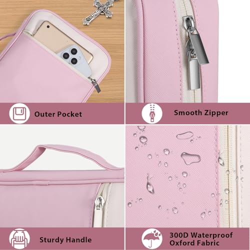 GERMUN Bible Cover with Durable Handle, Carrying Book Case Church Bag Bible, Protective with Zippered Pocket, Bible Accessories Supplies, Book Protector for Book Lovers, WhitePink - color: White&Pink