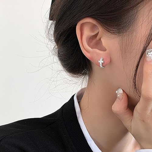 Gold Cross Hoop Earrings for Women Cubic Zirconia Cross Earrings Prom Wedding Party Huggie Earrings Christian Jewelry Gift - color: Silver