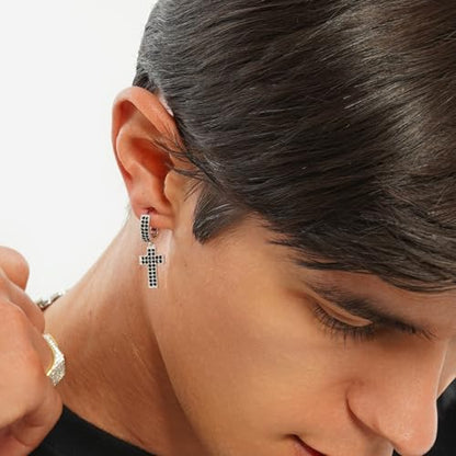TOPGRILLZ Cross Hoop Dangle Earrings 925 Sterling Silver 5A+ Cubic Zirconia 14K Gold Hypoallergenic Cross Hoop Cuff Huggie Drop Earrings For Men Women - color: Cross 2 Silver Black