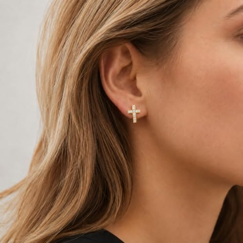 Dainty Cross Stud Earrings for Women, S925 Silver posts gold plated - color: Yellow Gold