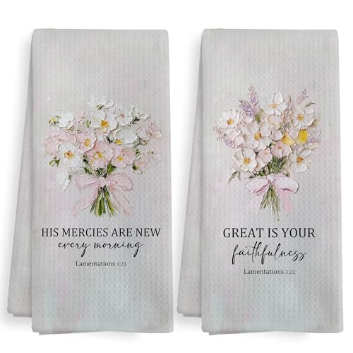 Christian Tea Towel, Wildflower Bible Verse Scripture Decor Dish Hand Towels for Bathroom Kitchen, Pink Vintage Christian Floral Decorative Kitchen Towels and Dishcloths Sets of 2, 16x24Inch - color: Pink Floral