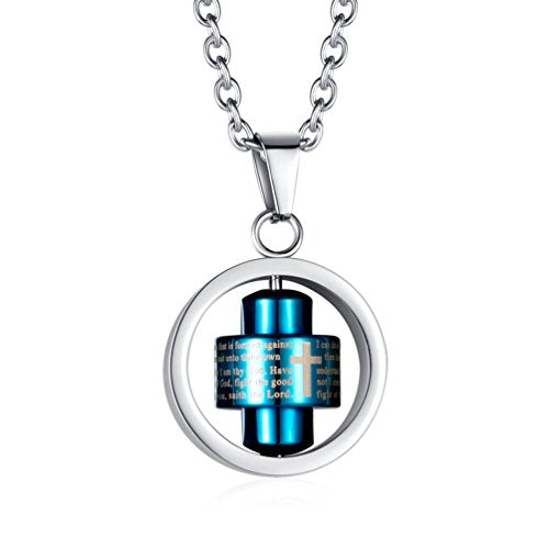 Stainless Steel Bible Verse Christian Lord's Prayer Cross Spinner Charm Pendant Necklace for Men - color: Blue