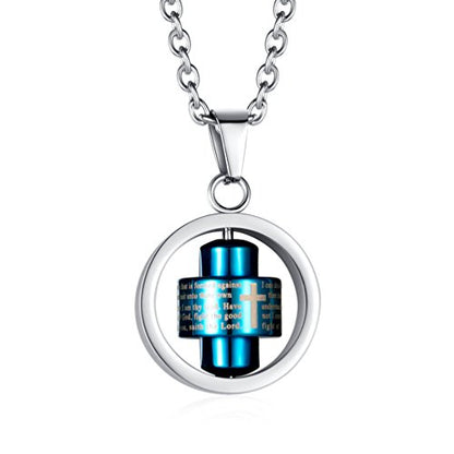 Stainless Steel Bible Verse Christian Lord's Prayer Cross Spinner Charm Pendant Necklace for Men - color: Blue