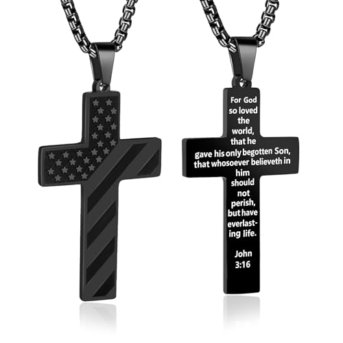 American Flag Cross Necklace for Men, Christian Confirmation Baptism Gifts - color: Black, style: John 3:16