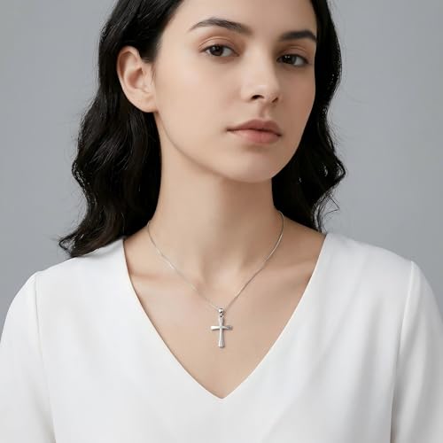 Sterling Silver Cross Necklace for Women 925 Sterling Silver Polished Curved Cross Pendant Necklace Handmade Crosses Religious Jewelry Gift