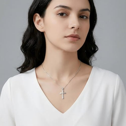 Sterling Silver Cross Necklace for Women 925 Sterling Silver Polished Curved Cross Pendant Necklace Handmade Crosses Religious Jewelry Gift