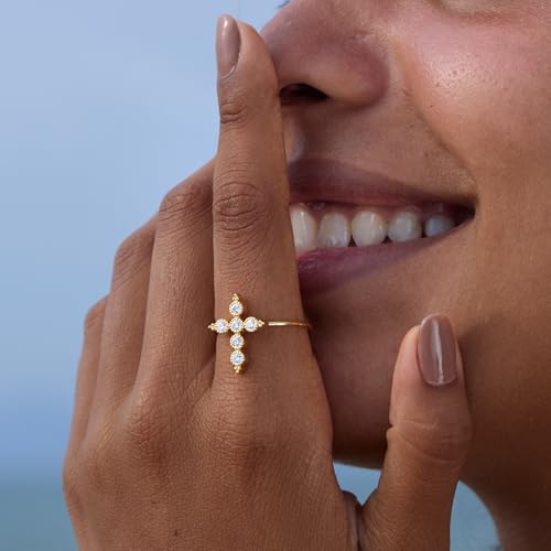 STORYJEWELLERY Cross Rings for Women, Purity Ring, Gold Plated Christian Rings for Women, Dainty Thin Ring, Religious Jewelry, Confirmation and Baptism Gifts