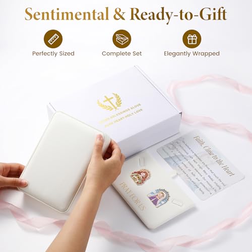 My First Religious Keepsake Box Set for Girls - 3D Virgin Mary Medal, White PU Leather Case & Blessing Card for Baptism, First Communion (Premium Keepsake Box - Rosary Not Included) - style: Style D