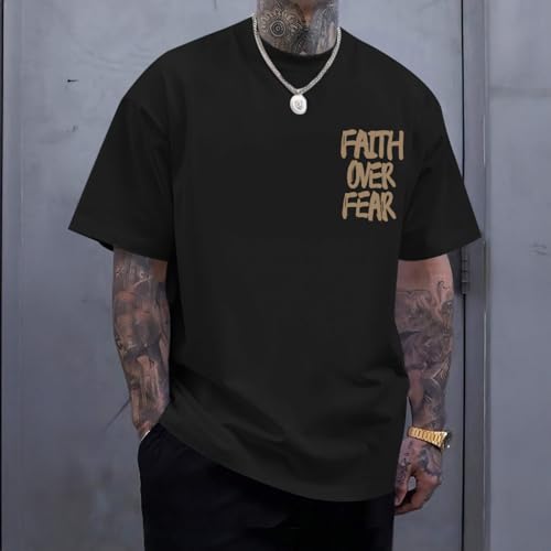 Christian Jesus Shirts for Men Faith Over Fear Shirt God Religious Bible Verse Inspirational Oversized Graphic Tees - color: Black, size: Medium