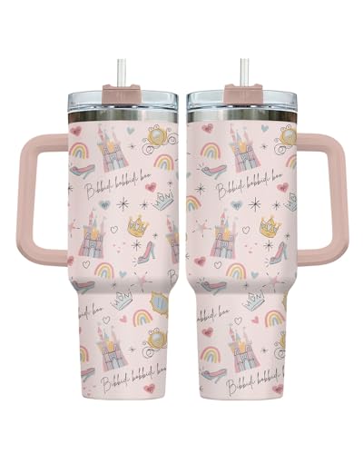 Pink Fairy Tale Tumbler 40oz with Handle with Handle and Straw - color: Princess Pink Vintage