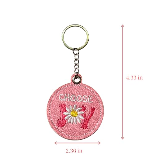 Handmade Jesus Keychain Pink PU Leather Embroidered Inspirational Quote Bag Charm, Christian Faith Keychain - color: Choose Joy