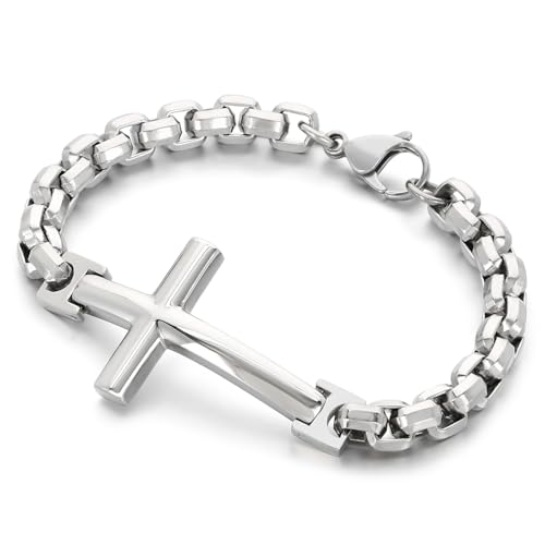 Christian Stainless Steel Cross Link Silver Black Gold Men's Bracelet, Religious Jewelry Bracelet for Men Women with Lobster Clasp - color: Silver, size: 8.86 inches