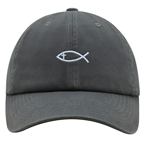 JPAK Jesus Fish Symbol Premium Dad Hat Embroidered Cotton Baseball Cap Symbol of Christianity - color: Dark Grey