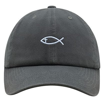 JPAK Jesus Fish Symbol Premium Dad Hat Embroidered Cotton Baseball Cap Symbol of Christianity - color: Dark Grey