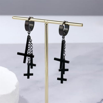 Cupimatch 3-6 Pairs Stainless Steel Cross Dangle Huggie Hinged Hoop Earrings for Men Women (1 Pair Silver Cross) for Mother's Day - color: double-cross-black