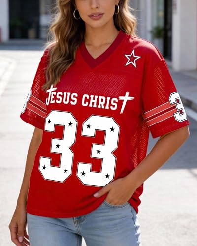 CHAIRAY Jesus Jersey Christian Football Jersey 33 Y2k Baggy Shirts Oversized V Neck Tee Tops for Women Men - color: 01 Red, size: Medium
