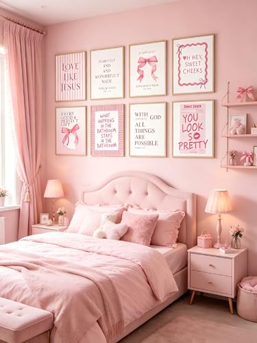 Pink Bow Bathroom Wall Art 9Pcs Bathroom Wall Decor Preppy Girly Posters - color: pink